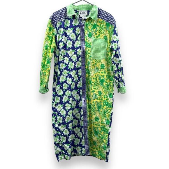 White Label Lilly Pulitzer Blue & Green Patchwork Button Front Shirt Dress Sz M - Picture 1 of 12